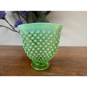 Vintage Uranium Glass Hobnail Vase Green Vaseline Pedestal Vase Glows Under UV